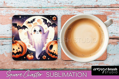 Cute Ghost Coasters - Halloween Square Coaster Sublimation Sublimation OrangeBrushStudio 