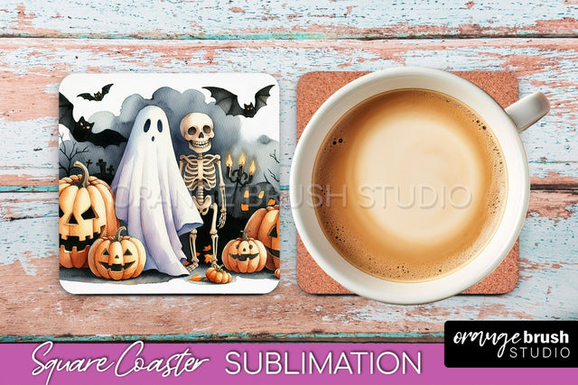 Cute Ghost Coasters - Halloween Square Coaster Sublimation Sublimation OrangeBrushStudio 
