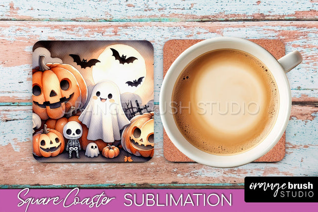 Cute Ghost Coasters - Halloween Square Coaster Sublimation Sublimation OrangeBrushStudio 