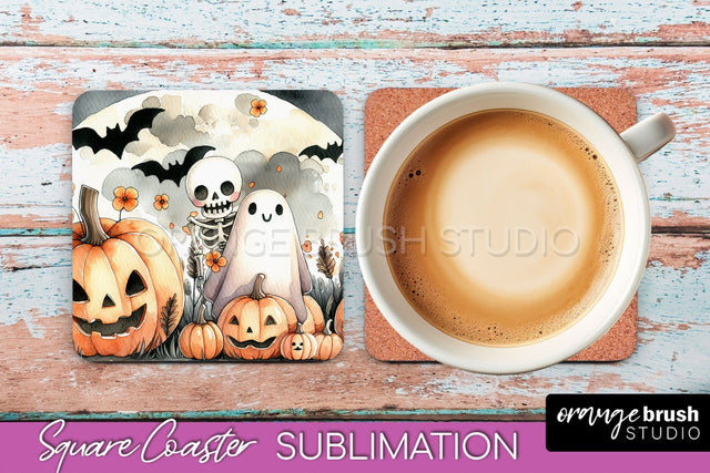 Cute Ghost Coasters - Halloween Square Coaster Sublimation Sublimation OrangeBrushStudio 