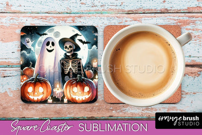 Cute Ghost Coasters - Halloween Square Coaster Sublimation Sublimation OrangeBrushStudio 
