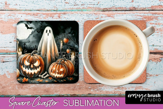 Cute Ghost Coasters - Halloween Square Coaster Sublimation Sublimation OrangeBrushStudio 
