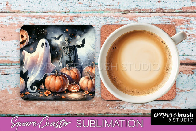 Cute Ghost Coasters - Halloween Square Coaster Sublimation Sublimation OrangeBrushStudio 