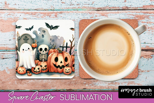 Cute Ghost Coasters - Halloween Square Coaster Sublimation Sublimation OrangeBrushStudio 