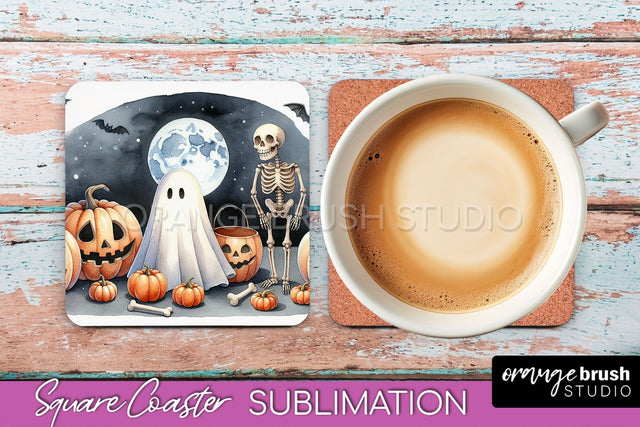 Cute Ghost Coasters - Halloween Square Coaster Sublimation Sublimation OrangeBrushStudio 
