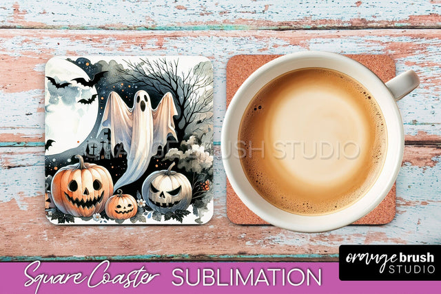 Cute Ghost Coasters - Halloween Square Coaster Sublimation Sublimation OrangeBrushStudio 