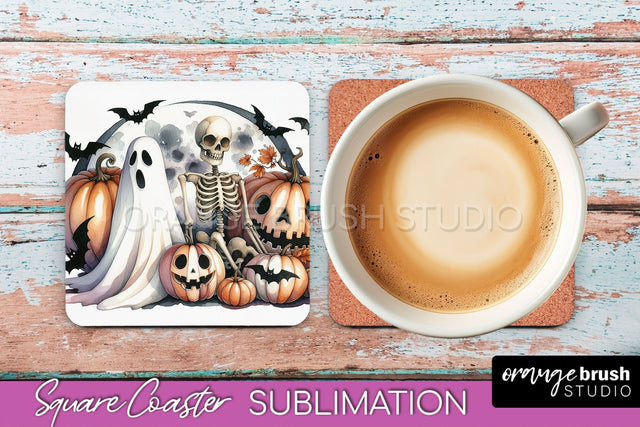 Cute Ghost Coasters - Halloween Square Coaster Sublimation Sublimation OrangeBrushStudio 