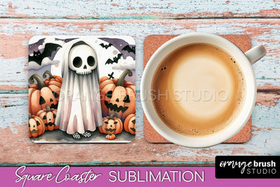 Cute Ghost Coasters - Halloween Square Coaster Sublimation Sublimation OrangeBrushStudio 