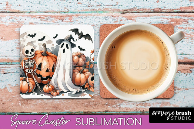 Cute Ghost Coasters - Halloween Square Coaster Sublimation Sublimation OrangeBrushStudio 