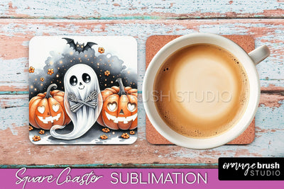 Cute Ghost Coasters - Halloween Square Coaster Sublimation Sublimation OrangeBrushStudio 