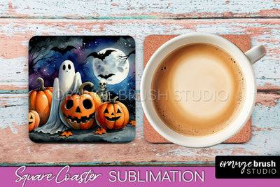 Cute Ghost Coasters - Halloween Square Coaster Sublimation Sublimation OrangeBrushStudio 