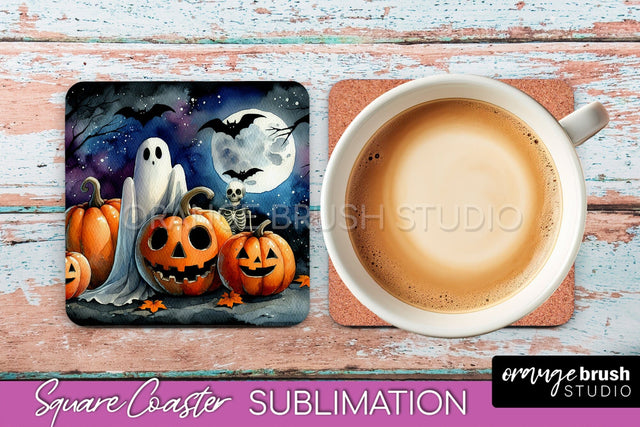 Cute Ghost Coasters - Halloween Square Coaster Sublimation Sublimation OrangeBrushStudio 
