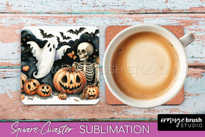 Cute Ghost Coasters - Halloween Square Coaster Sublimation Sublimation OrangeBrushStudio 