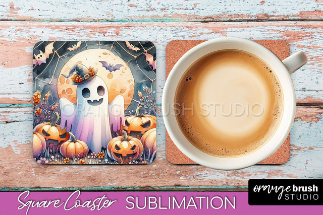 Cute Ghost Coasters - Halloween Square Coaster Sublimation Sublimation OrangeBrushStudio 