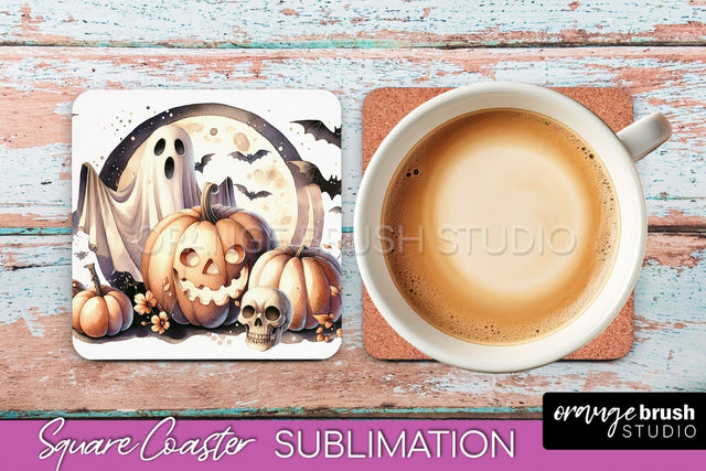 Cute Ghost Coasters - Halloween Square Coaster Sublimation Sublimation OrangeBrushStudio 