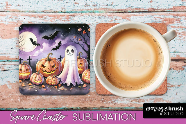 Cute Ghost Coasters - Halloween Square Coaster Sublimation Sublimation OrangeBrushStudio 