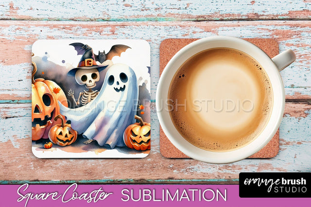 Cute Ghost Coasters - Halloween Square Coaster Sublimation Sublimation OrangeBrushStudio 