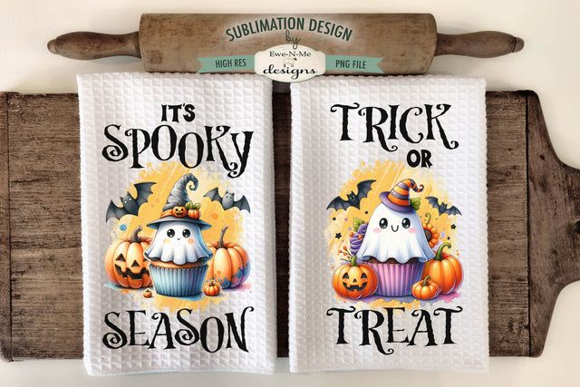 Cute Ghost Cupcakes Halloween Dish Towel Sublimation Designs Sublimation Ewe-N-Me Designs 