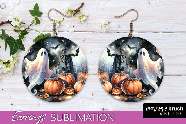 Cute Ghost Earrings - Halloween Round Earring Sublimation Sublimation OrangeBrushStudio 