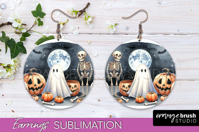 Cute Ghost Earrings - Halloween Round Earring Sublimation Sublimation OrangeBrushStudio 