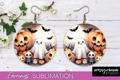 Cute Ghost Earrings - Halloween Round Earring Sublimation Sublimation OrangeBrushStudio 