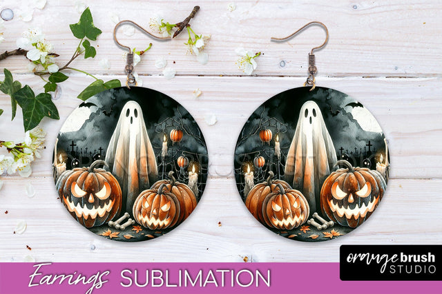 Cute Ghost Earrings - Halloween Round Earring Sublimation Sublimation OrangeBrushStudio 
