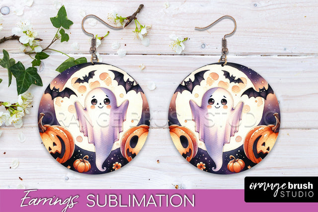Cute Ghost Earrings - Halloween Round Earring Sublimation Sublimation OrangeBrushStudio 