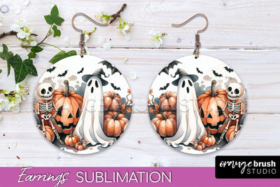Cute Ghost Earrings - Halloween Round Earring Sublimation Sublimation OrangeBrushStudio 