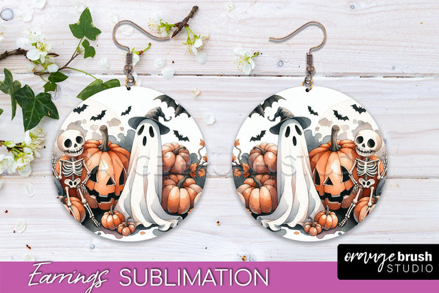 Cute Ghost Earrings - Halloween Round Earring Sublimation Sublimation OrangeBrushStudio 