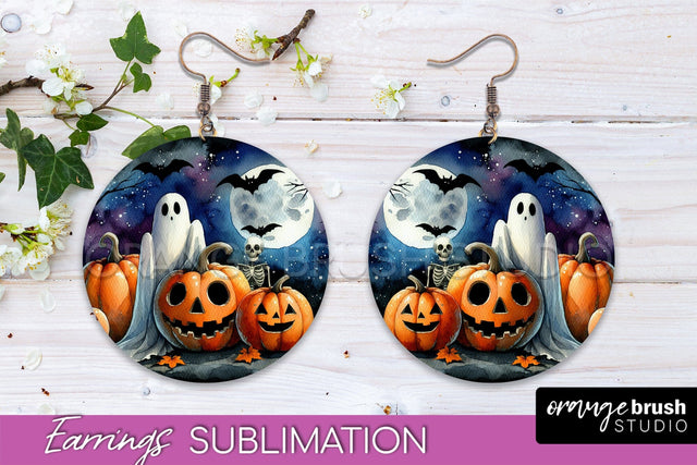 Cute Ghost Earrings - Halloween Round Earring Sublimation Sublimation OrangeBrushStudio 