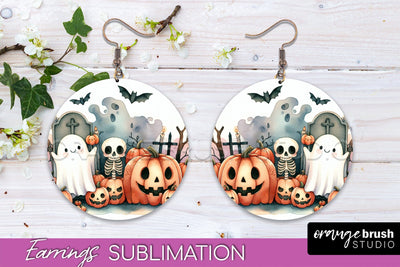 Cute Ghost Earrings - Halloween Round Earring Sublimation Sublimation OrangeBrushStudio 