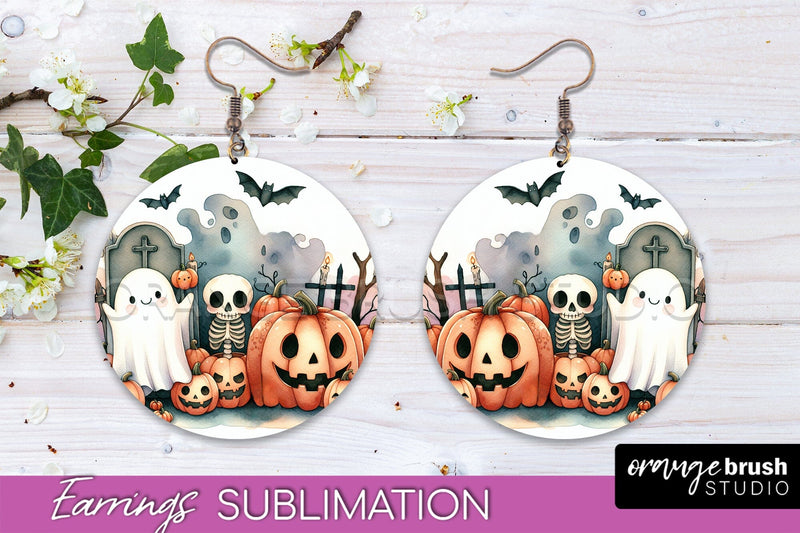 Cute Ghost Earrings - Halloween Round Earring Sublimation Sublimation OrangeBrushStudio 