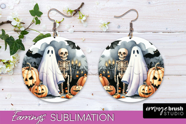 Cute Ghost Earrings - Halloween Round Earring Sublimation Sublimation OrangeBrushStudio 