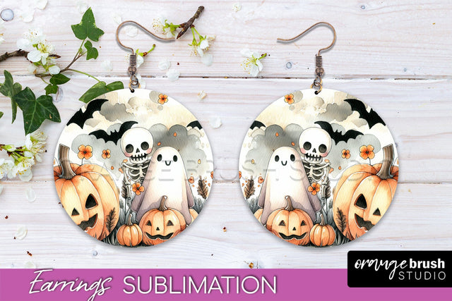 Cute Ghost Earrings - Halloween Round Earring Sublimation Sublimation OrangeBrushStudio 