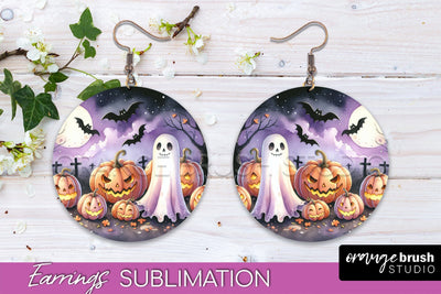 Cute Ghost Earrings - Halloween Round Earring Sublimation Sublimation OrangeBrushStudio 