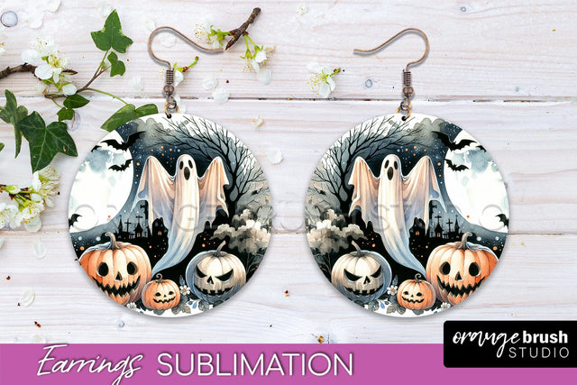 Cute Ghost Earrings - Halloween Round Earring Sublimation Sublimation OrangeBrushStudio 