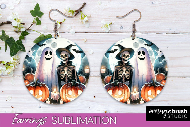Cute Ghost Earrings - Halloween Round Earring Sublimation Sublimation OrangeBrushStudio 