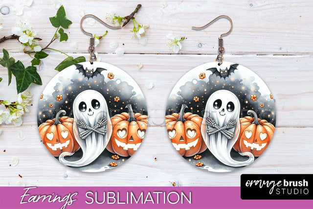 Cute Ghost Earrings - Halloween Round Earring Sublimation Sublimation OrangeBrushStudio 