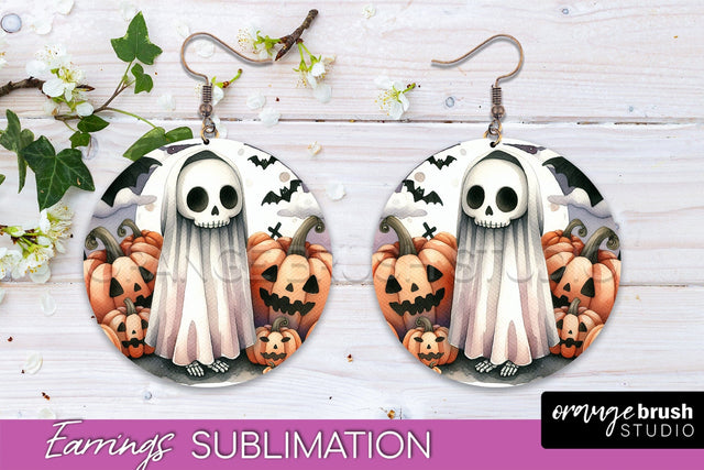 Cute Ghost Earrings - Halloween Round Earring Sublimation Sublimation OrangeBrushStudio 