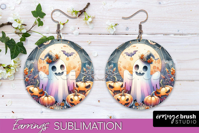 Cute Ghost Earrings - Halloween Round Earring Sublimation Sublimation OrangeBrushStudio 