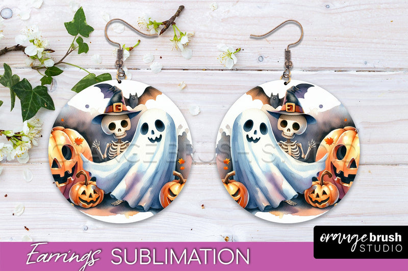 Cute Ghost Earrings - Halloween Round Earring Sublimation Sublimation OrangeBrushStudio 