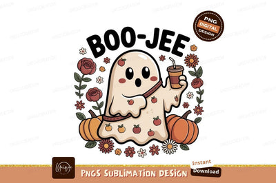 Cute ghost holding coffee cup surrounded by pumpkins and flowers Sublimation Designangry 