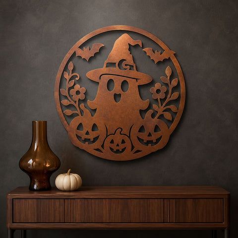 Cute Ghost Laser SVG | Pumpkins & Bats Metal Art | Spooky Round Sign CNC File | Halloween Plasma Cut | Witch Hat SVG SVG HappyDesignStudio 