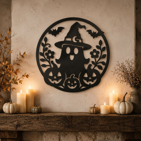 Cute Ghost Laser SVG | Pumpkins & Bats Metal Art | Spooky Round Sign CNC File | Halloween Plasma Cut | Witch Hat SVG SVG HappyDesignStudio 