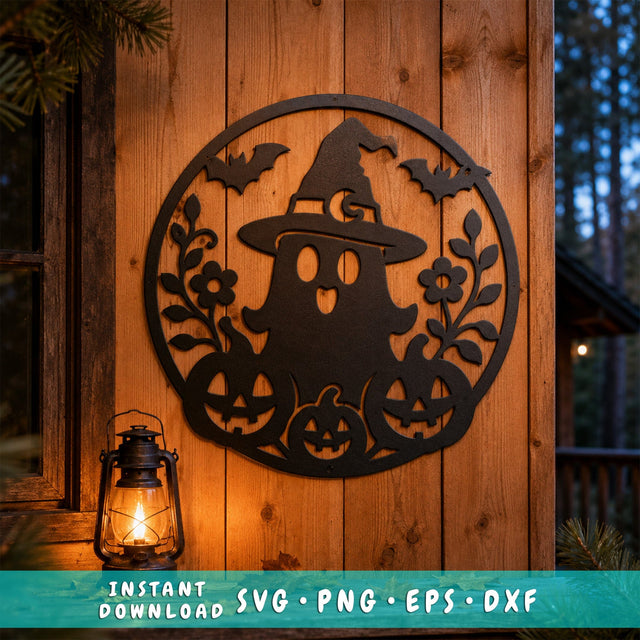 Cute Ghost Laser SVG | Pumpkins & Bats Metal Art | Spooky Round Sign CNC File | Halloween Plasma Cut | Witch Hat SVG SVG HappyDesignStudio 