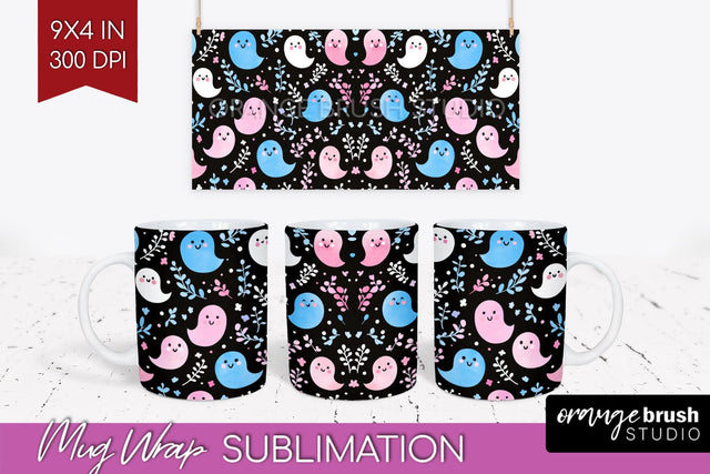 Cute Ghost Mug Wrap - Halloween 15 oz Mug Sublimation Sublimation OrangeBrushStudio 