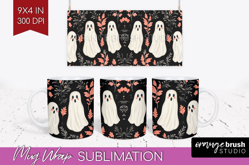 Cute Ghost Mug Wrap - Halloween 15 oz Mug Sublimation Sublimation OrangeBrushStudio 