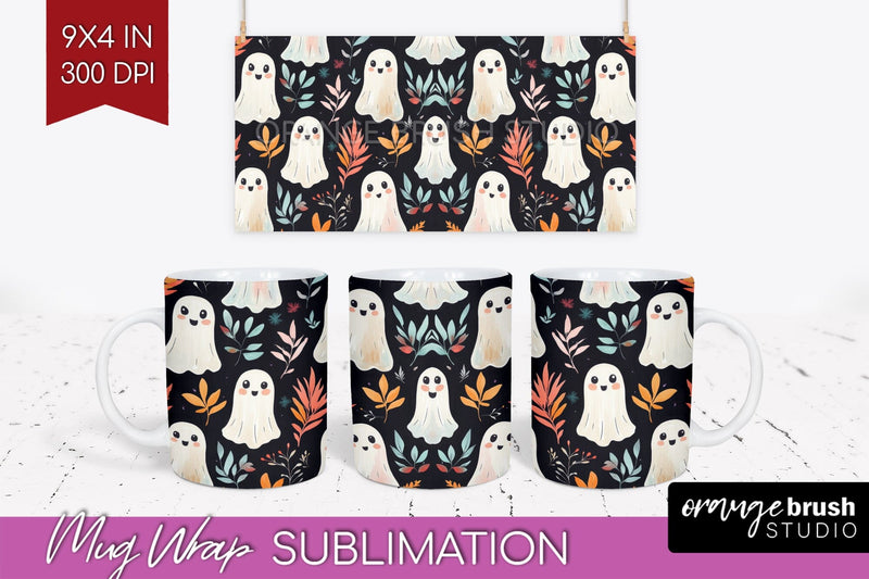 Cute Ghost Mug Wrap - Halloween 15 oz Mug Sublimation Sublimation OrangeBrushStudio 