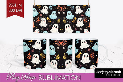 Cute Ghost Mug Wrap - Halloween 15 oz Mug Sublimation Sublimation OrangeBrushStudio 