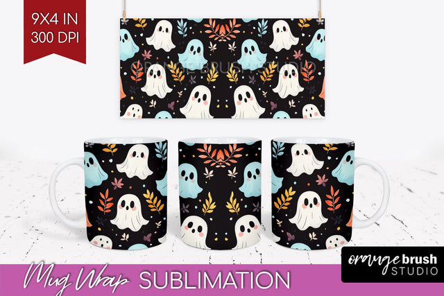Cute Ghost Mug Wrap - Halloween 15 oz Mug Sublimation Sublimation OrangeBrushStudio 